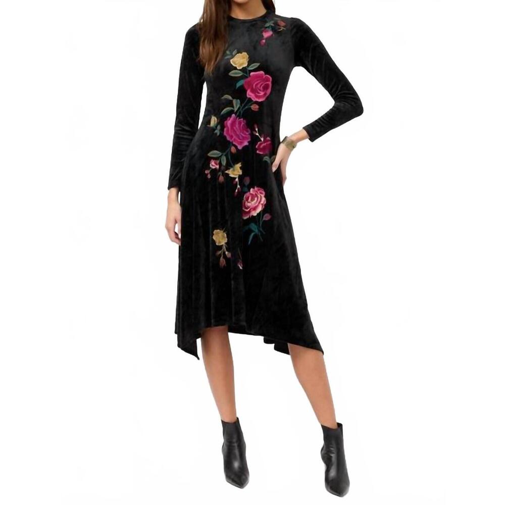 Johnny Was Black Velvet Vibrant Floral Embroidery Midi Dress NWT